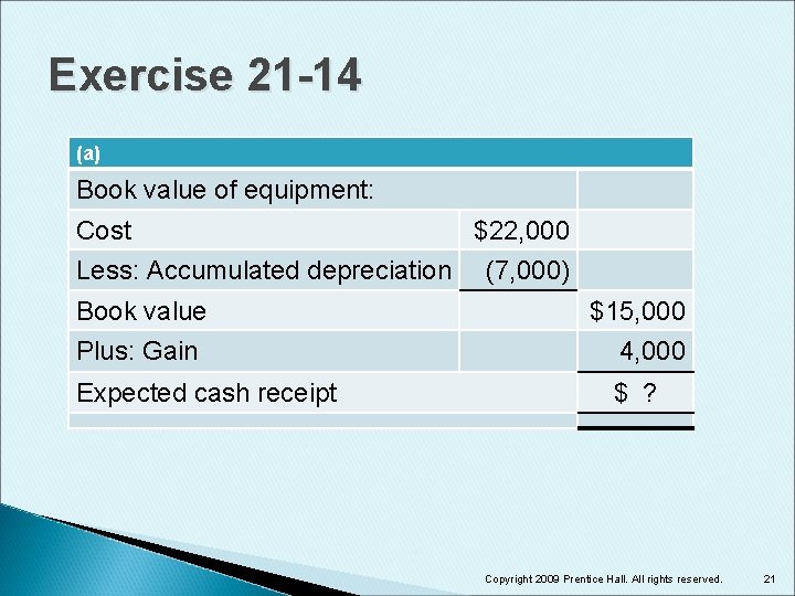 Exercise 21 -14 (a) Book value of equipment: Cost Less: Accumulated depreciation Book value
