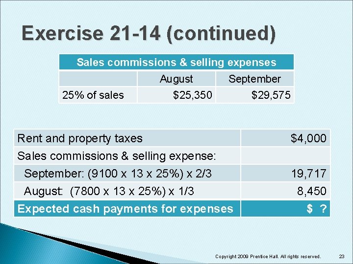 Exercise 21 -14 (continued) Sales commissions & selling expenses August 25% of sales September