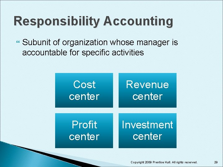 Responsibility Accounting Subunit of organization whose manager is accountable for specific activities Cost center