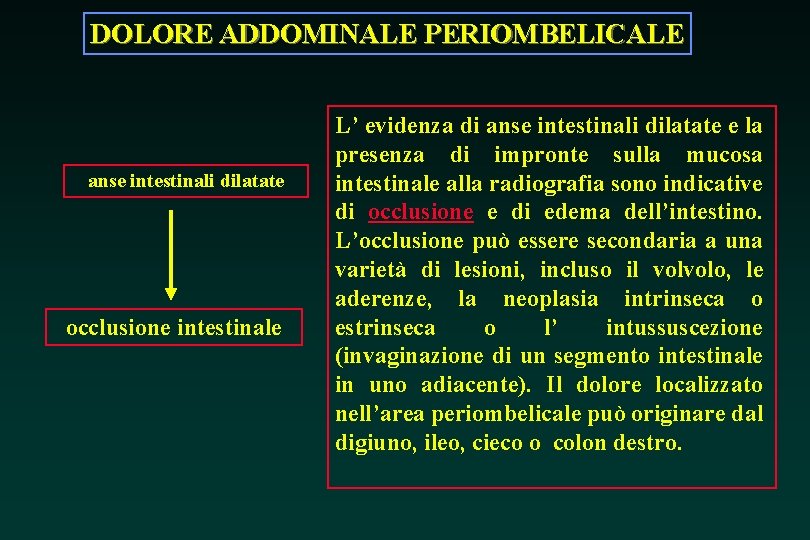 DOLORE ADDOMINALE PERIOMBELICALE anse intestinali dilatate occlusione intestinale L’ evidenza di anse intestinali dilatate