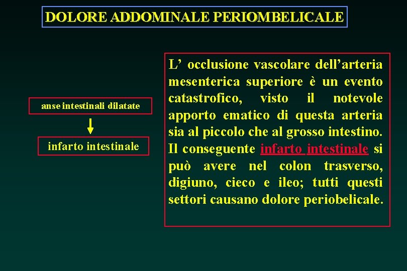 DOLORE ADDOMINALE PERIOMBELICALE anse intestinali dilatate infarto intestinale L’ occlusione vascolare dell’arteria mesenterica superiore