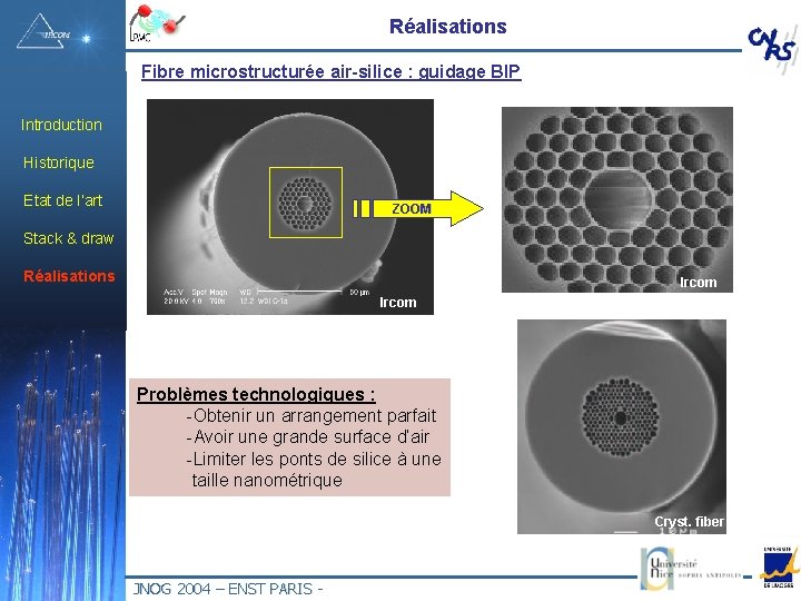 Réalisations Fibre microstructurée air-silice : guidage BIP Introduction Historique Etat de l’art ZOOM Stack