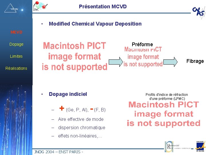 Présentation MCVD • Modified Chemical Vapour Deposition MCVD Préforme Dopage Limites Fibrage Réalisations •
