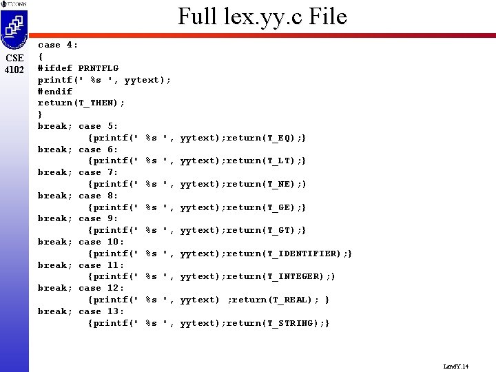 Full lex. yy. c File CSE 4102 case 4: { #ifdef PRNTFLG printf(" %s