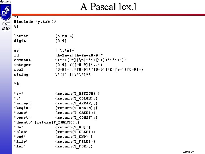A Pascal lex. l CSE 4102 %{ #include "y. tab. h" %} letter digit
