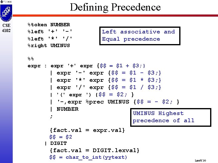 Defining Precedence CSE 4102 %token NUMBER %left '+' '-' %left '*' '/' %right UMINUS