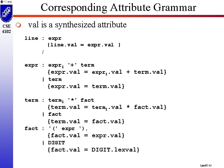 Corresponding Attribute Grammar CSE 4102 m val is a synthesized attribute line : expr