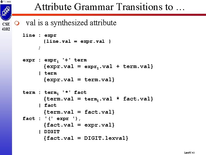 Attribute Grammar Transitions to … CSE 4102 m val is a synthesized attribute line