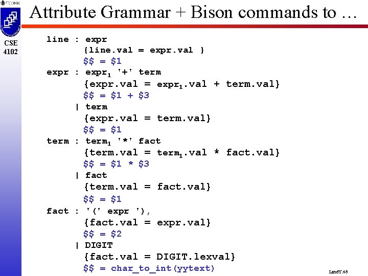Attribute Grammar + Bison commands to … CSE 4102 line : expr {line. val
