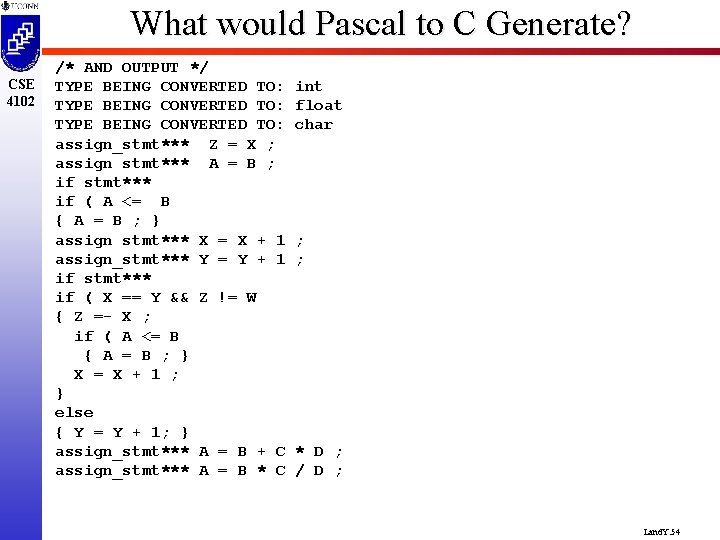 What would Pascal to C Generate? CSE 4102 /* AND OUTPUT */ TYPE BEING