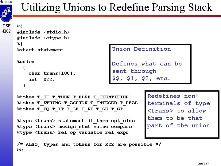 Utilizing Unions to Redefine Parsing Stack CSE 4102 %{ #include <stdio. h> #include <ctype.
