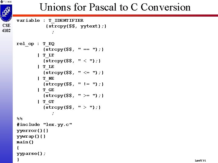 Unions for Pascal to C Conversion CSE 4102 variable : T_IDENTIFIER {strcpy($$, yytext); }
