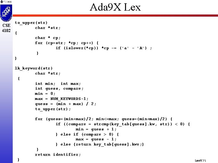 Ada 9 X Lex to_upper(str) CSE char *str; 4102 { char * cp; for