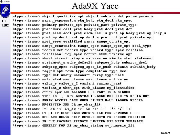 Ada 9 X Yacc CSE 4102 %type %type %type %type %type %type %type <trans>