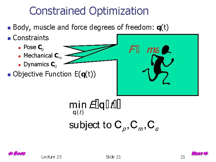 Constrained Optimization Body, muscle and force degrees of freedom: q(t) n Constraints n n