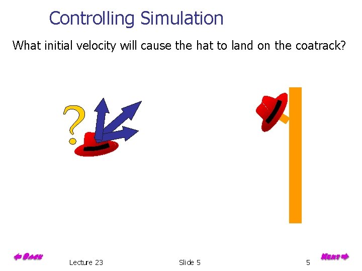 Controlling Simulation What initial velocity will cause the hat to land on the coatrack?