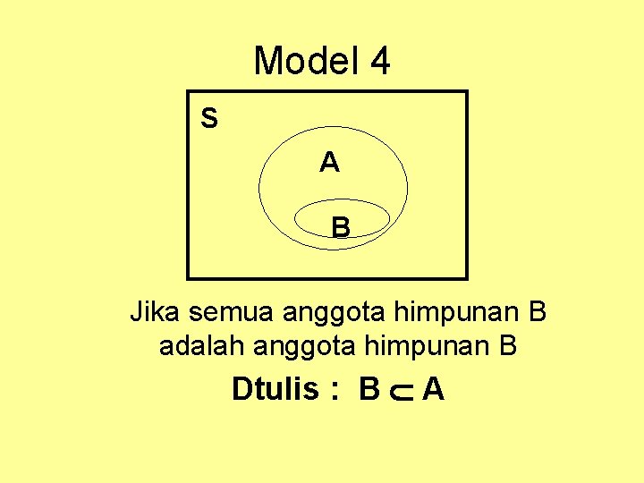Model 4 S A B Jika semua anggota himpunan B adalah anggota himpunan B Model 4 S A B Jika semua anggota himpunan B adalah anggota himpunan B
