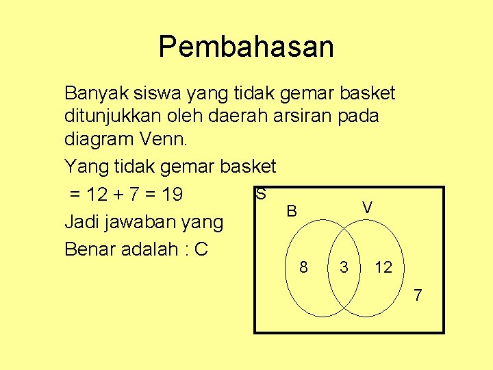 Pembahasan Banyak siswa yang tidak gemar basket ditunjukkan oleh daerah arsiran pada diagram Venn.