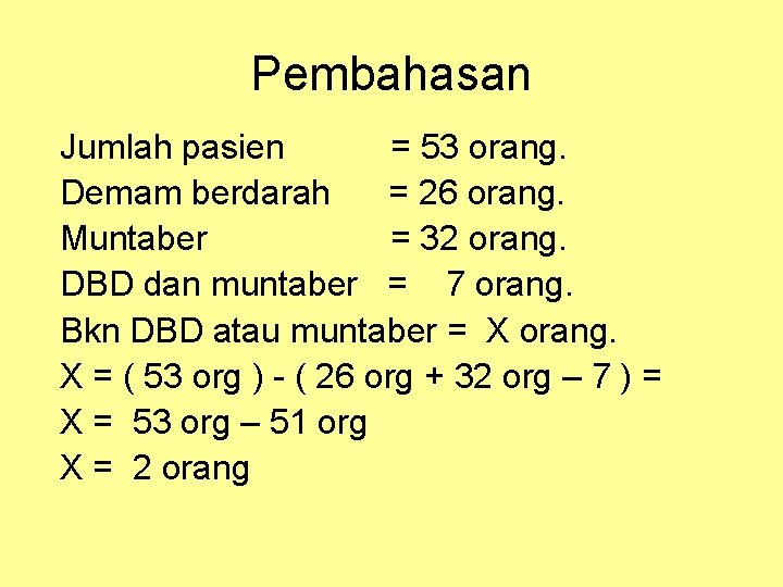 Pembahasan Jumlah pasien = 53 orang. Demam berdarah = 26 orang. Muntaber = 32 Pembahasan Jumlah pasien = 53 orang. Demam berdarah = 26 orang. Muntaber = 32