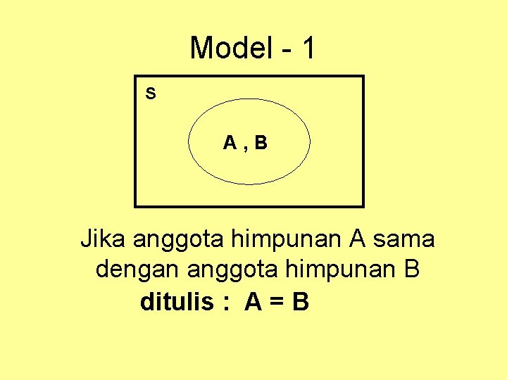 Model - 1 S A, B Jika anggota himpunan A sama dengan anggota himpunan Model - 1 S A, B Jika anggota himpunan A sama dengan anggota himpunan
