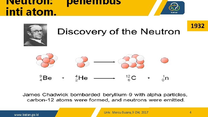 Neutron: ‘penembus’ inti atom. 1932 www. batan. go. id Univ. Mercu Buana, 9 Okt.