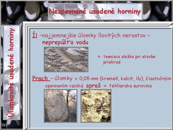 Úlomkovité usadené horniny Nespevnené usadené horniny Íl –najjemnejšie úlomky ílovitých nerastov – neprepúšťa vodu