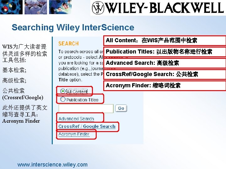 Searching Wiley Inter. Science WIS为广大读者提 供灵活多样的检索 具包括: 基本检索; 高级检索; 公共检索 (Crossref/Google) 此外还提供了英文 缩写查寻 具：