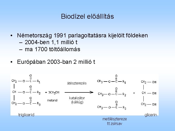 Biodízel előállítás • Németország 1991 parlagoltatásra kijelölt földeken – 2004 -ben 1, 1 millió