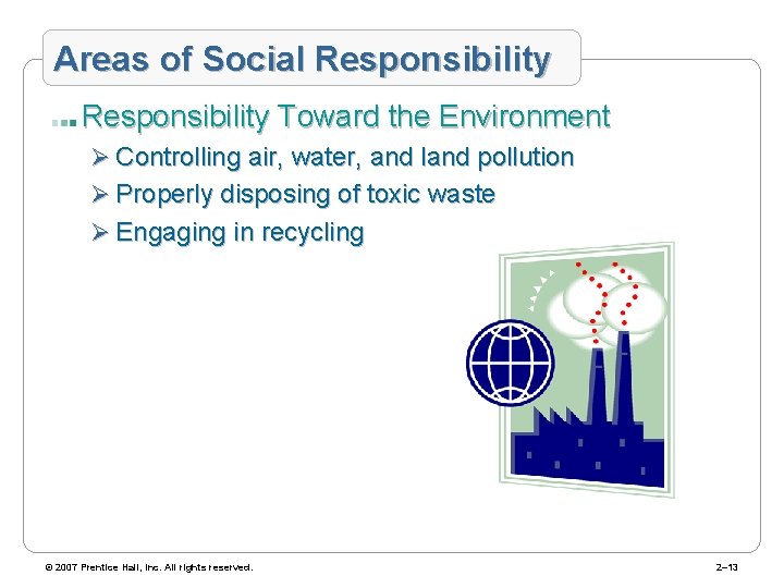 Areas of Social Responsibility Toward the Environment Ø Controlling air, water, and land pollution