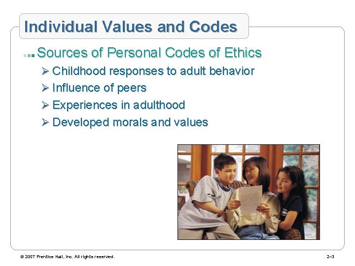 Individual Values and Codes Sources of Personal Codes of Ethics Ø Childhood responses to