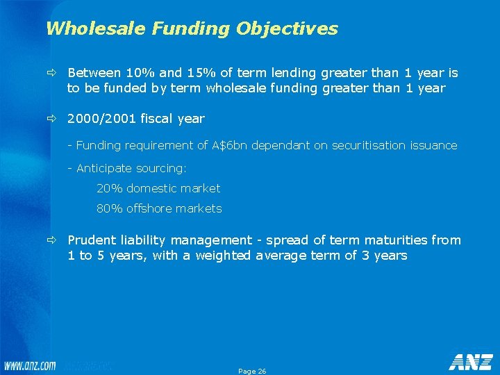 Wholesale Funding Objectives ð Between 10% and 15% of term lending greater than 1