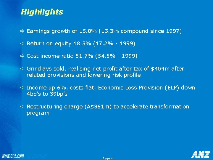 Highlights ð Earnings growth of 15. 0% (13. 3% compound since 1997) ð Return