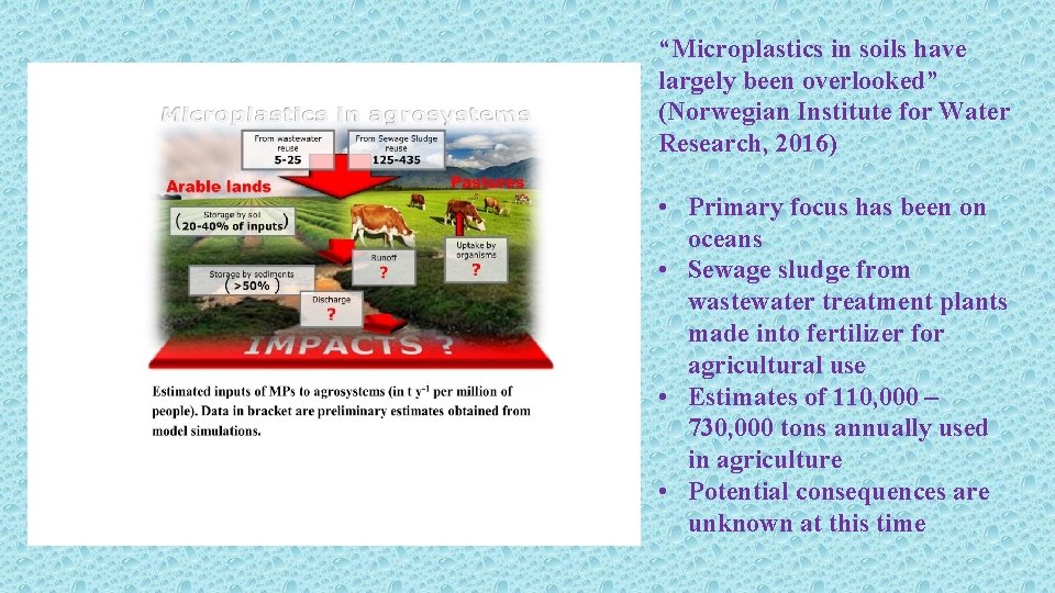 “Microplastics in soils have largely been overlooked” (Norwegian Institute for Water Research, 2016) •