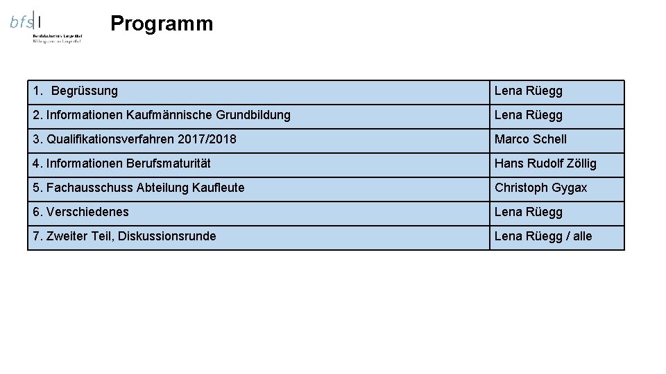 Programm 1. Begrüssung Lena Rüegg 2. Informationen Kaufmännische Grundbildung Lena Rüegg 3. Qualifikationsverfahren 2017/2018