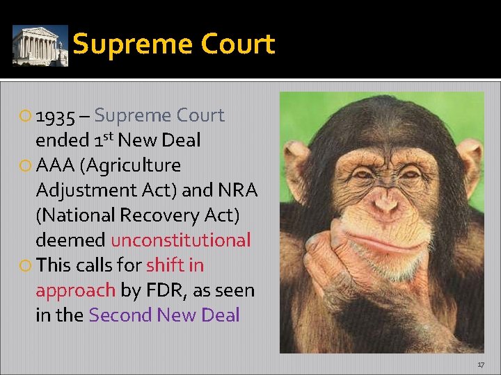 Supreme Court 1935 – Supreme Court ended 1 st New Deal AAA (Agriculture Adjustment