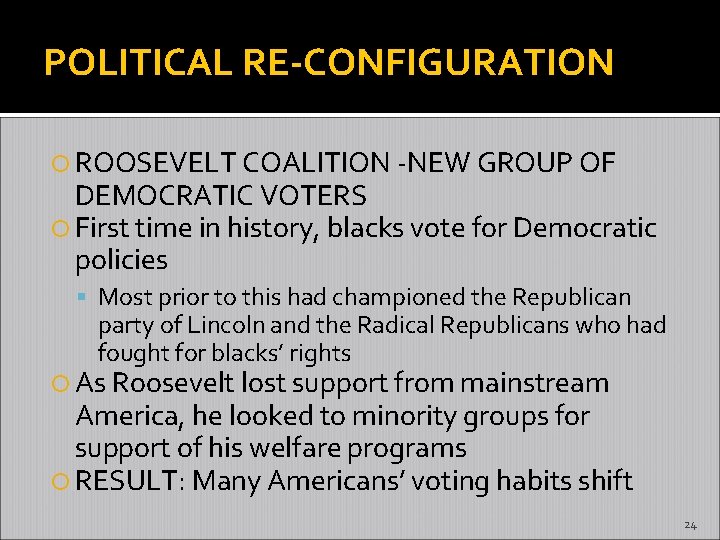 POLITICAL RE-CONFIGURATION ROOSEVELT COALITION -NEW GROUP OF DEMOCRATIC VOTERS First time in history, blacks