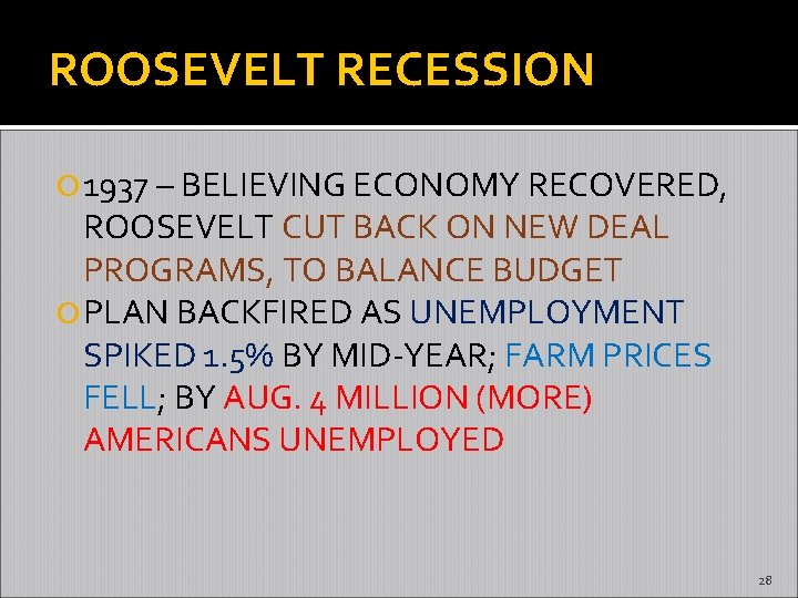 ROOSEVELT RECESSION 1937 – BELIEVING ECONOMY RECOVERED, ROOSEVELT CUT BACK ON NEW DEAL PROGRAMS,