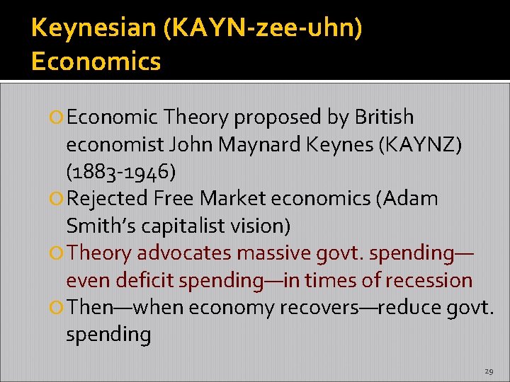 Keynesian (KAYN-zee-uhn) Economics Economic Theory proposed by British economist John Maynard Keynes (KAYNZ) (1883