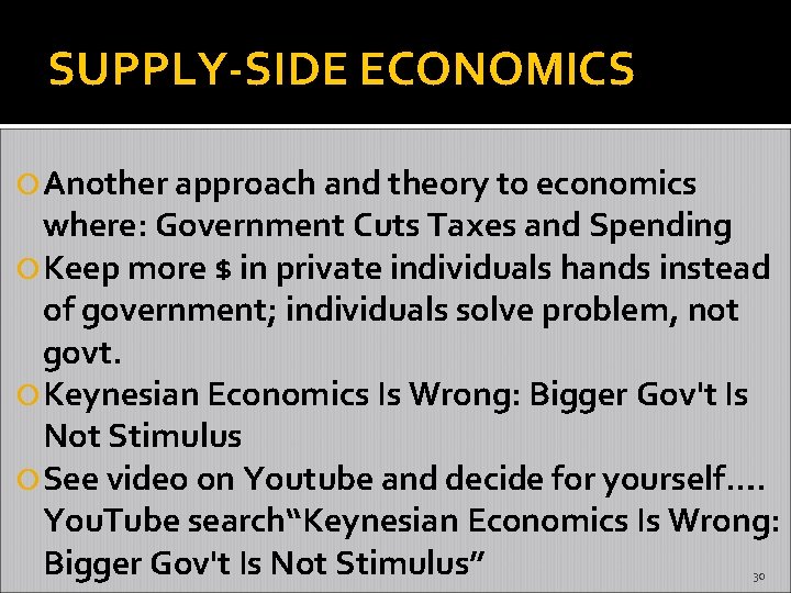 SUPPLY-SIDE ECONOMICS Another approach and theory to economics where: Government Cuts Taxes and Spending