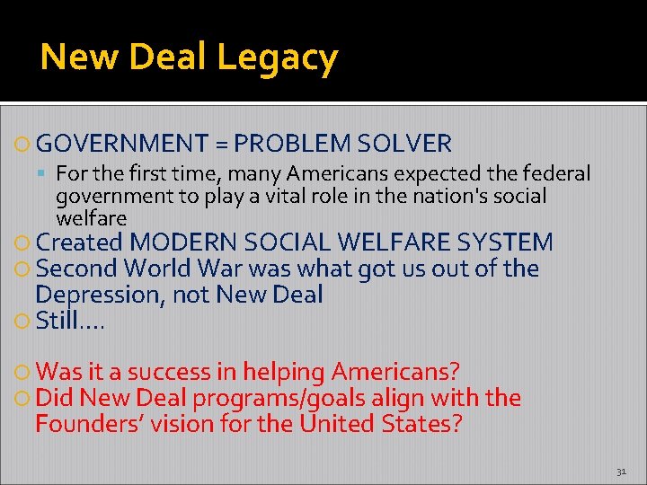 New Deal Legacy GOVERNMENT = PROBLEM SOLVER For the first time, many Americans expected