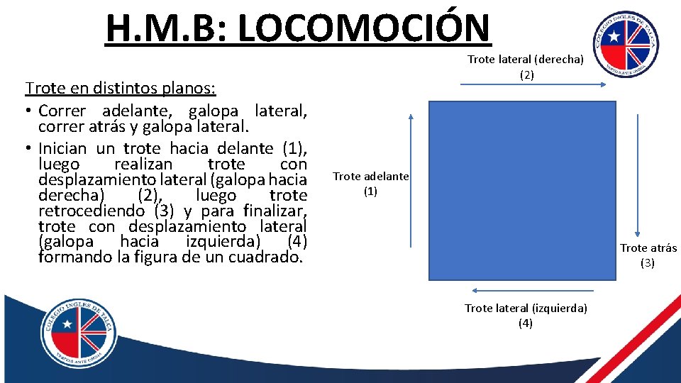 H. M. B: LOCOMOCIÓN Trote en distintos planos: • Correr adelante, galopa lateral, correr