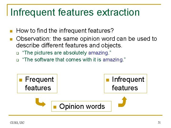 Infrequent features extraction n n How to find the infrequent features? Observation: the same