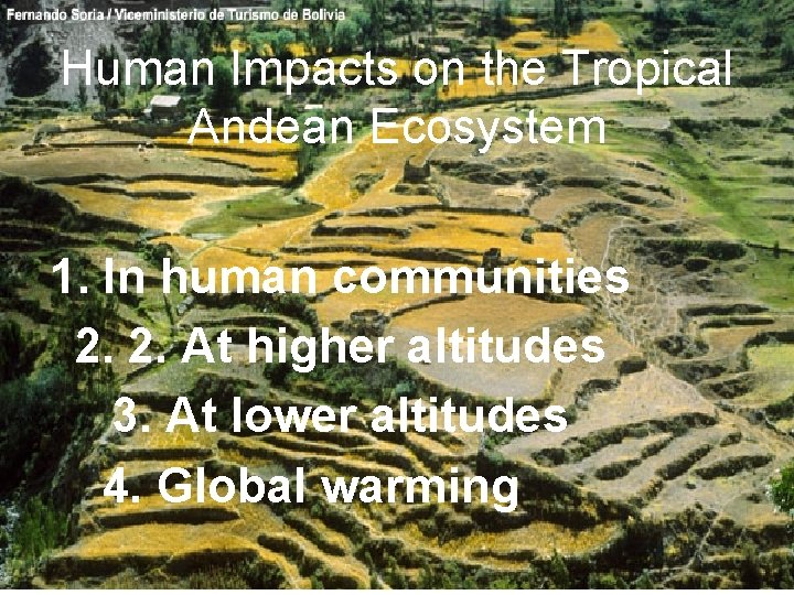 Human Impacts on the Tropical Andean Ecosystem 1. In human communities 2. 2. At