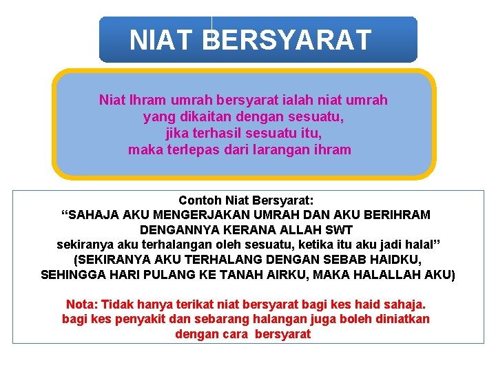 NIAT BERSYARAT Niat Ihram umrah bersyarat ialah niat umrah yang dikaitan dengan sesuatu, jika