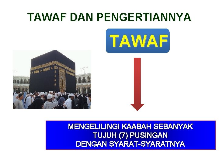 TAWAF DAN PENGERTIANNYA TAWAF MENGELILINGI KAABAH SEBANYAK TUJUH (7) PUSINGAN DENGAN SYARAT-SYARATNYA 