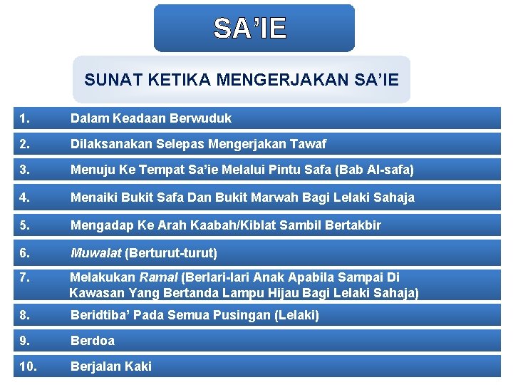 SA’IE SUNAT KETIKA MENGERJAKAN SA’IE 1. Dalam Keadaan Berwuduk 2. Dilaksanakan Selepas Mengerjakan Tawaf
