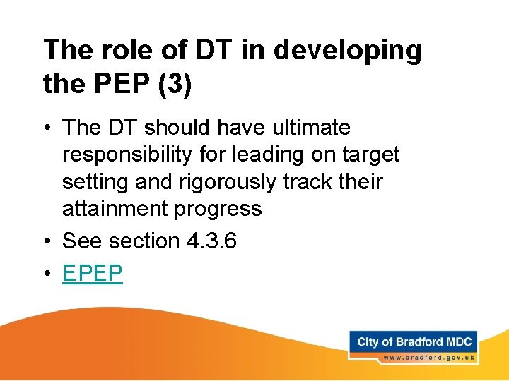 The role of DT in developing the PEP (3) • The DT should have
