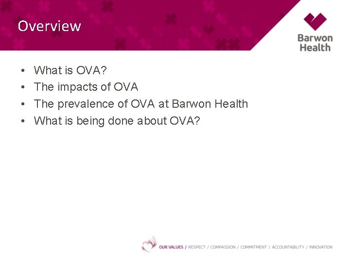 Overview • • What is OVA? The impacts of OVA The prevalence of OVA