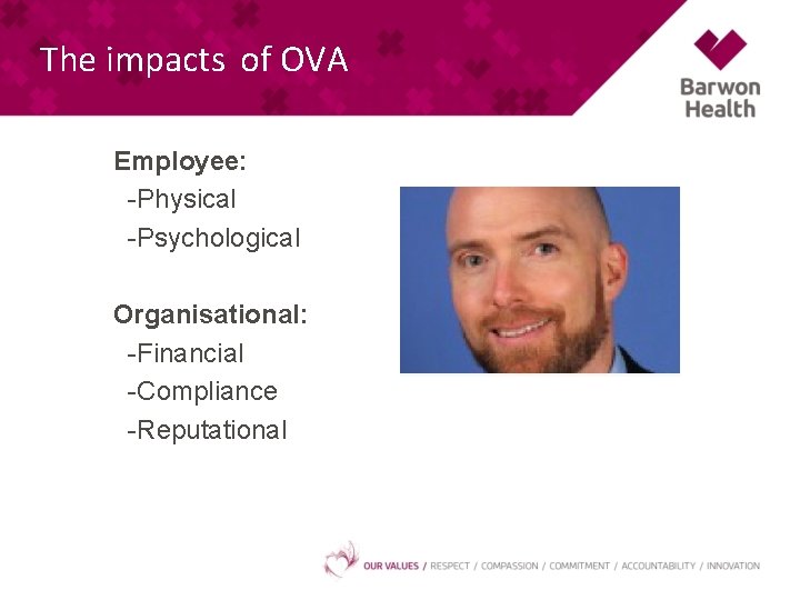 The impacts of OVA Employee: -Physical -Psychological Organisational: -Financial -Compliance -Reputational 