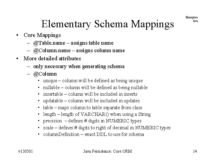 Elementary Schema Mappings Enterprise Java • Core Mappings – @Table. name – assigns table
